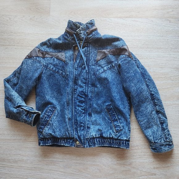 Vintage Eagle's Ridge Acid Denim Faux Leather Trim Bomber Jacket Quilt-Lining - Picture 1 of 12